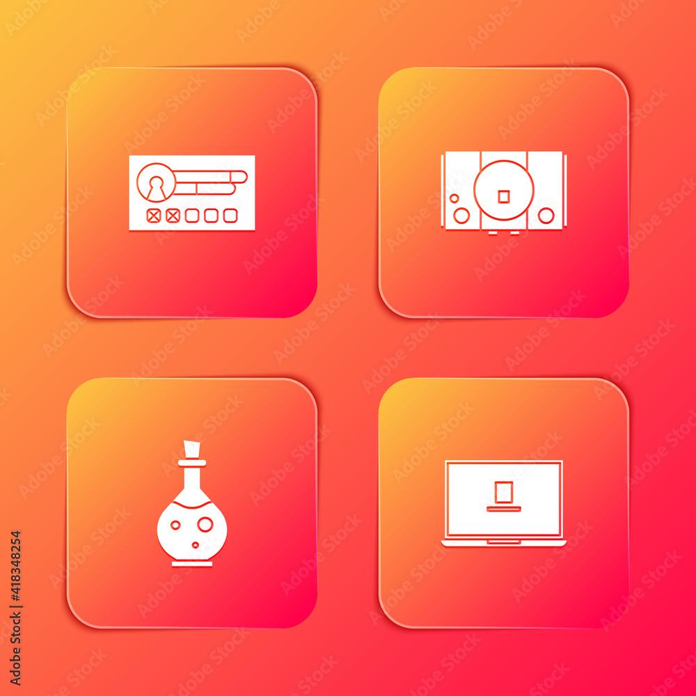 Poster set create account screen, video game console, bottle with magic elixir and laptop icon. vector.