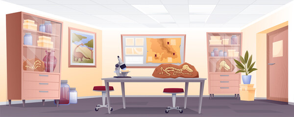 Paleontology lab interior background. Extinct dinosaur bones on desk with microscope, cupboards in laboratory room vector illustration. Ancient history museum horizontal panorama