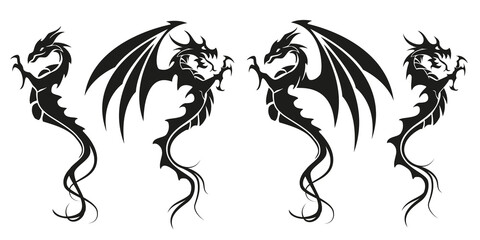 Dragons - Dragon symbol tattoo, set of black and white vector illustration, isolated on white background © Roman