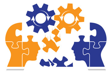 Abstract puzzle shaped heads with cogwheels and grinded puzzle pieces. Creative business artwork for use in brainstorming, communication,  success and challenge concept design projects. 