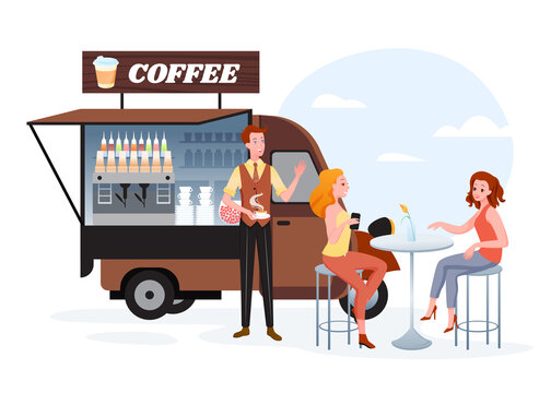 Coffee street market truck van car stall on sidewalk, friends waiting for cup of drink