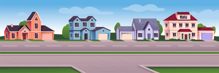 Suburban cityscape background. Modern cartoon town view design vector illustration. Cozy windows and doors in buildings, driveway, sidewalk, grass. Horizontal outdoor scene