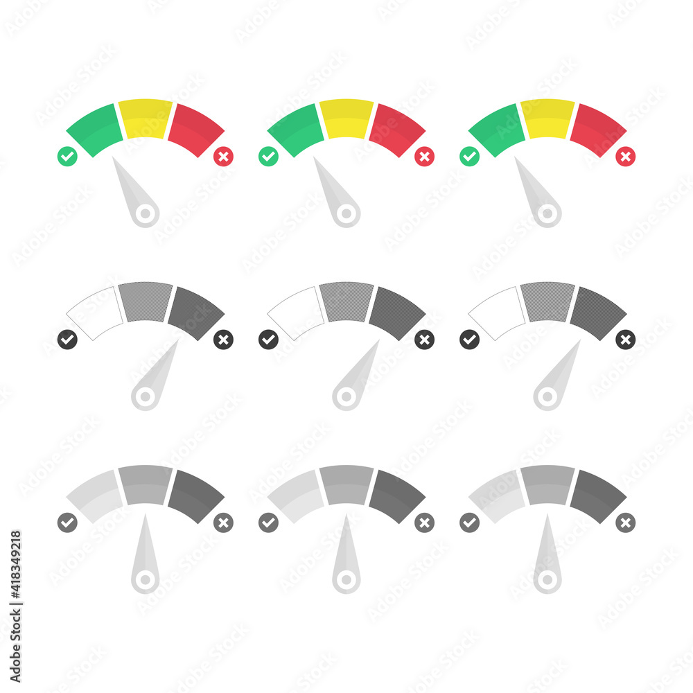 Poster speedometer gauges flat icon set. collection of colorful speedometer sign for web design, mobile and
