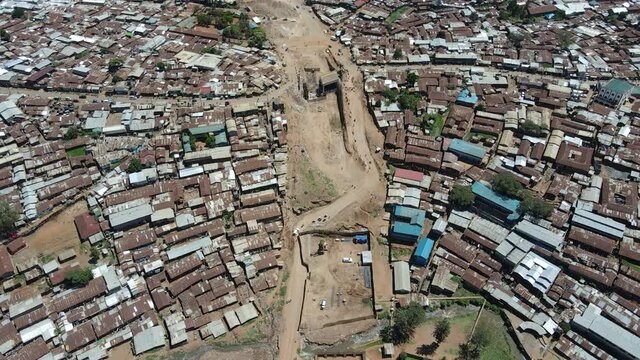 Drone view: high population in the slums of kibera kenya. nairobi high population of the Kibera slums.