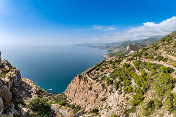 Panorama from the Cerro Gordo viewpoint of coastline along the Costa tropical, Malaga, Spain