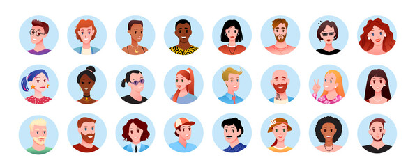Profile round avatars, happy people of different race and age set, portraits in circles