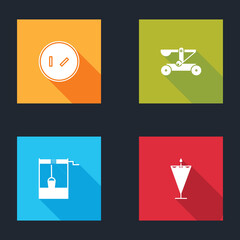 Set Round wooden shield, Catapult shooting stones, Well with bucket and Medieval flag icon. Vector.