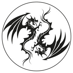Dragons in a circle - Dragon symbol tattoo, black and white vector illustration, isolated on white background
