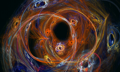 Naklejka premium Amazing digital composition of cosmic particles in expressive vortex around black hole in dark deep space. Fictional galactic life in orange, blue and yellow hues. Great as banner or background. 
