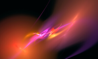 Vivid neon abstract multicolored stroke and spots on black. Purple, pink, orange, yellow hues illuminated in darkness. Expressive artistic design. Great as overlay, background or sign.