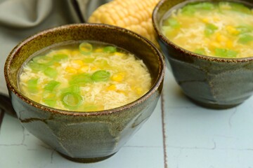 Corn egg drop soup with spring onions