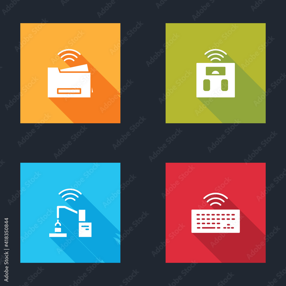 Poster set smart printer, bathroom scales, robotic robot arm hand factory and wireless keyboard icon. vecto
