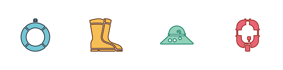 Fototapeta premium Set Lifebuoy, Fishing boots, Fisherman hat and Inflatable boat icon. Vector.