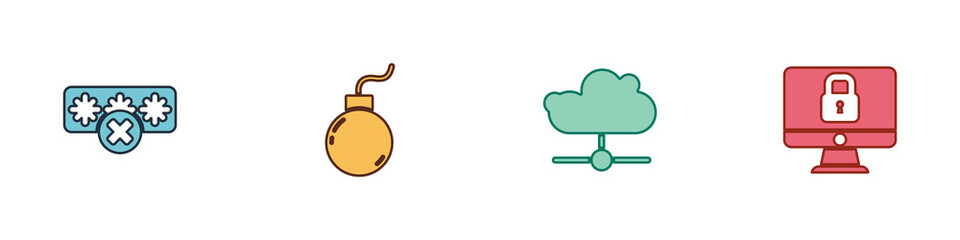 Set Password protection, Bomb ready to explode, Network cloud connection and Lock computer monitor icon. Vector.