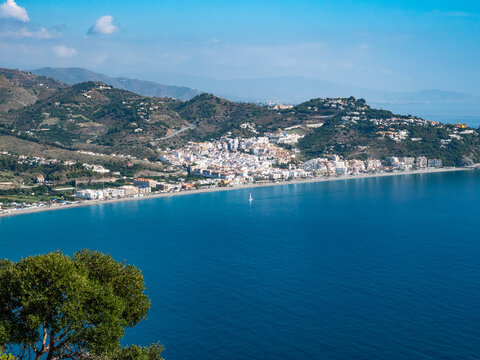 Panorama from the Cerro Gordo viewpoint of coastline along the Costa tropical and Urb. Punta de la Mona, Malaga, Spain