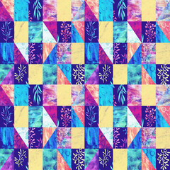 Seamless pattern in patchwork style. Digital image with hand painted texture. endless mixed media motif for textile decor and design.