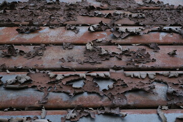 Peeled paint on a rusty shutter. This photo shows the paint peeling off the iron slats of a shutter.