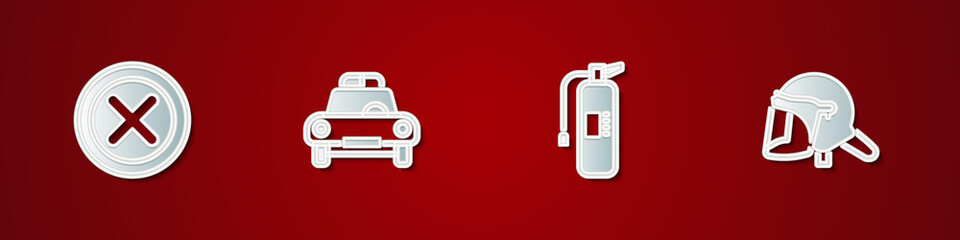 Set X Mark, Cross in circle, Police car and flasher, Fire extinguisher and helmet icon. Vector.