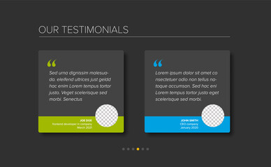 Dark testimonial reviews section layout template