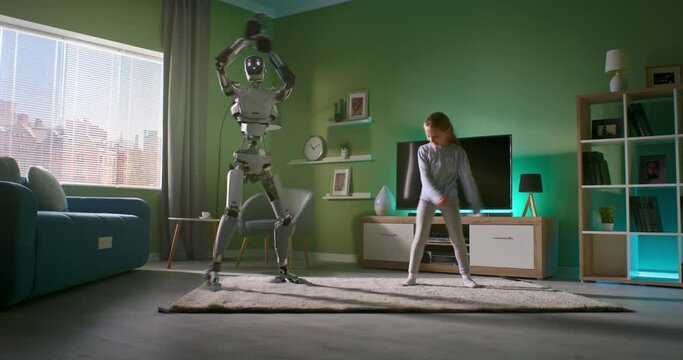 Girl dancing with android friend at home