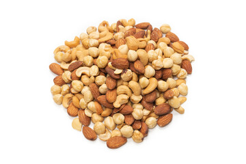 Mix of nuts isolated on white background. Top view.