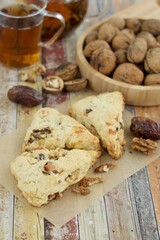 Homemade walnut date scones served with hot tea