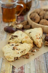 Homemade walnut date scones served with hot tea