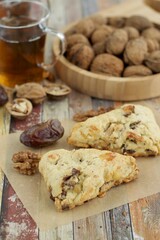 Homemade walnut date scones served with hot tea