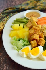 Traditional Indonesian Food, Gado-gado. Made from egg, tempeh, fried tofu and boiled vegetables like; yard long beans, carrot, bean sprouts, potato, spinach, served with peanut sauce