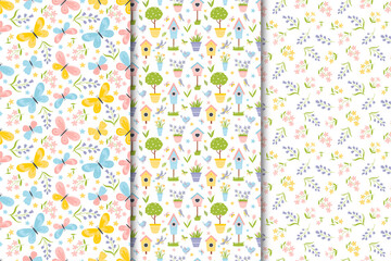 Spring set of seamless patterns in flat hand drawn cartoon style. Vector children's colorful illustration of a bird, potted plants, flowers, birdhouses, butterflies.