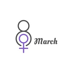 Womens day logo. 8 march with purple woman gender symbol. Vector design illustration.