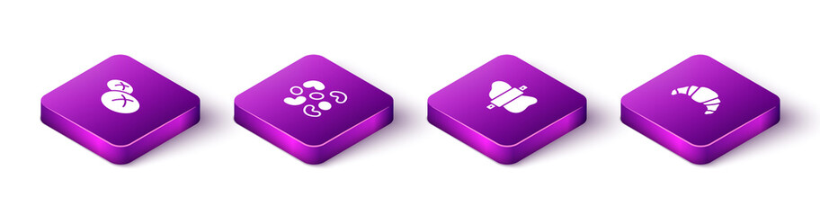 Set Isometric Bread loaf, Jelly candy, Rolling pin on dough and Croissant icon. Vector.