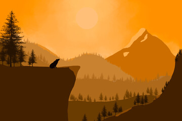 Landscape with mountains, the sunset time. A wolf silhouette is on the hill, and there are a lot of pine trees.