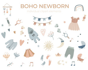 Set of cute boho baby objects in Scandinavian style. Cartoon and trendy newborn illustrations, cliparts, icons  for invitation card, instagram, room decor, poster. Isolated vector, editable. © Jenny Shersten