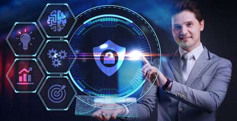 Cyber security data protection business technology privacy concept. Young businessman  select the...