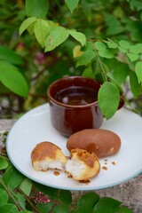 gemblong or coconut cake, glutinous rice flour balls smeared with palm sugar caramel. Indonesian traditional food. 