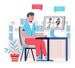 Remote school class studying. Video conference call concept vector. Social distancing during quarantine. University online course with teacher is working.