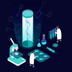 Scientists do laboratory tests. Isometric medical laboratory concept. DNA