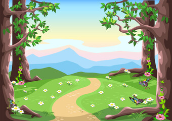 Obraz premium Fairytale background with trees, butterflies, flower meadow, mountains and pink-blue sky in cartoon style. Vector illustration.