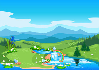 Obraz premium Background vector illustration of a fairy tale landscape with a lake, waterfall, flowering meadows, mountains and crystals in cartoon style.