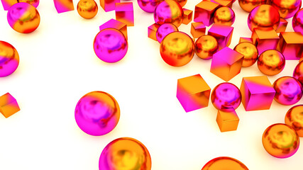 bright spheres and cubes are scattered on a white background. 3d render illustration