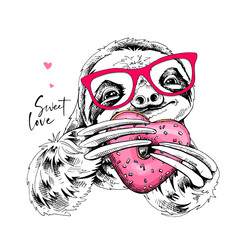 Card of a Valentine's Day. Adorable smiling sloth in a glasses with a pink heart donut. Sweet love - lettering quote. Humor poster, t-shirt composition, hand drawn style print. Vector illustration.