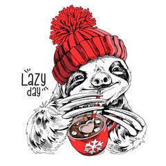 Cute smiling sloth in a red knitted hat and with a cup of coffee. Lazy day - lettering quote. Christmas and New Year card, t-shirt composition, handmade vector illustration. - 418356017