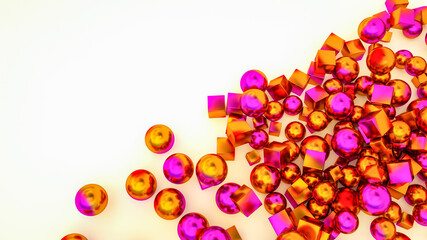 bright spheres and cubes are scattered on a white background. 3d render illustration