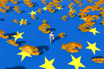 3D character, all white, in human form walking through a multitude of golden euro symbol, on the flag of Europe.