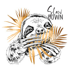 Cute smiling Sloth with a gold palm leaves. Slow down - lettering quote. Elegant poster, t-shirt composition, hand drawn style print. Vector illustration.