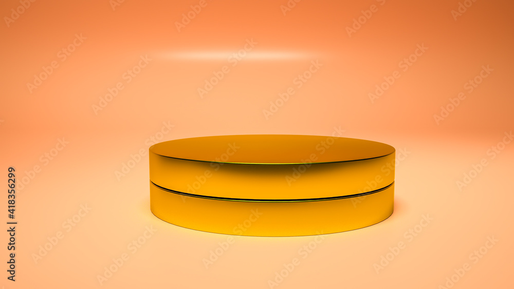 Poster golden round three-dimensional podium. empty display area on a light orange background. 3d render il