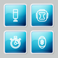 Set line Punching bag, Boxing helmet, Stopwatch and American Football ball icon. Vector.