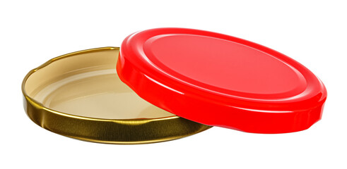 Golden and red tin screw lids for glass jars isolated on white background