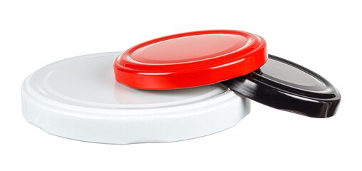 Set of three colored different size tin screw caps for glass jars isolated on white background